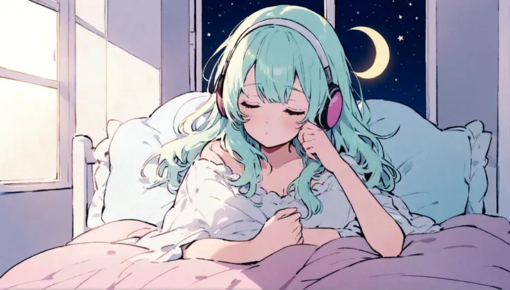 (masterpiece) A girl (woman) Sleeping in bed, In her bed, Wearing headphones,  Window showing the moon and stars, calm, peaceful, thinking, ish, Color Grading, Nice color coding,