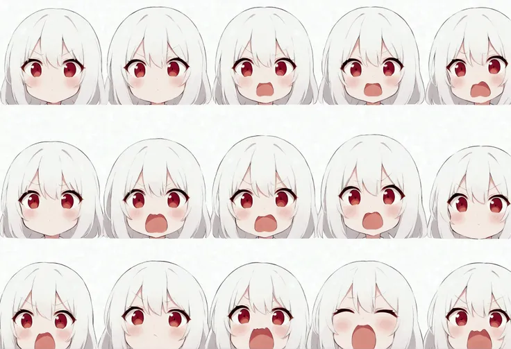 Cute kawaii style anime girl，White hair and red eyes cute style，Expressions and movements，Exaggerated movements，hapiness，anger，sad，surprise，hapiness等，Various emotions，White background，Q version，Nine-grid，Nine different expressions