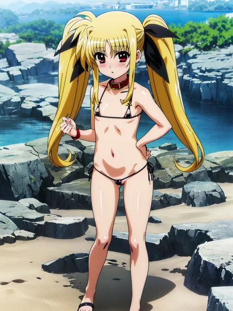 nsfw , Fate Testarossa , lyrical nanoha , (((highres official art))) , (((Anime Pinups))) , (((micro bikini))) , (((1girl))) , (((solo))) , (((blondehair))) , (((twintails))) , (((black ribbon))) , (((red eyes))) , (((collar))) , Toddler , tiny body, small...