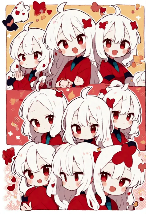 Cute kawaii style anime girl，White hair and red eyes cute style，Comic exaggerated expression，Expressions and movements，Exaggerated movements，hapiness，anger，sad，surprise，hapiness等，Various emotions，White background，Q version，Nine-grid，Nine different expressi...