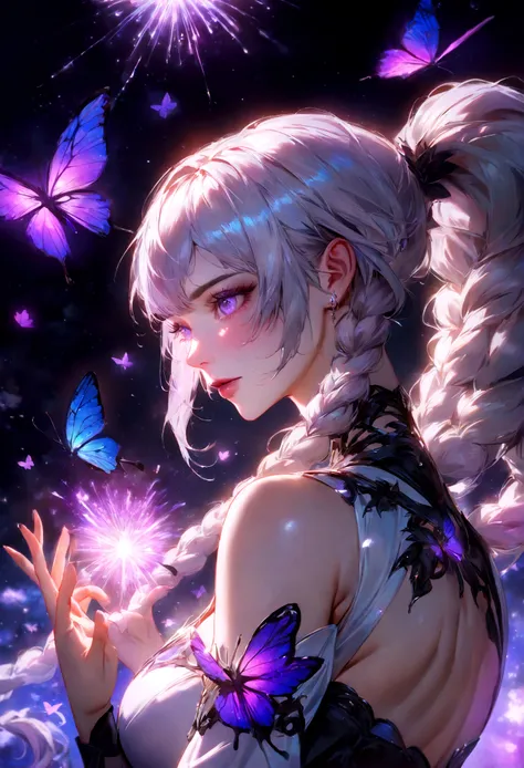 (((Two people))), A boy with a purple and white gradient double braid long ponytail、cool、personality、Brave girl, style by Yuumei, high resolution, 8k very aesthetic, mesmerise celestial fireworks starry sky, floral atmosphere, vibrant godray effect on a re...