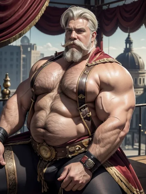  Hyperrealistic image of an elderly blonde 19th century Steampunk trapeze artist superhero sitting on a trapeze hanging in the Polish air with a bare torso Combed gray hair and huge handlebar mustaches A super heavy bodybuilder flexing his muscles A full b...