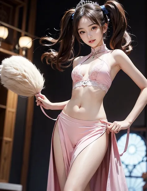 1 ,twintails,brunette color hair,cat，By bangs,Lace long dress,Blue bow,12-year-old female model,princess,crown,The chest is completely flat,Are thin,Korean beautiful girl dancer,Girl group trainees about to debut,The belly button and the surrounding area a...