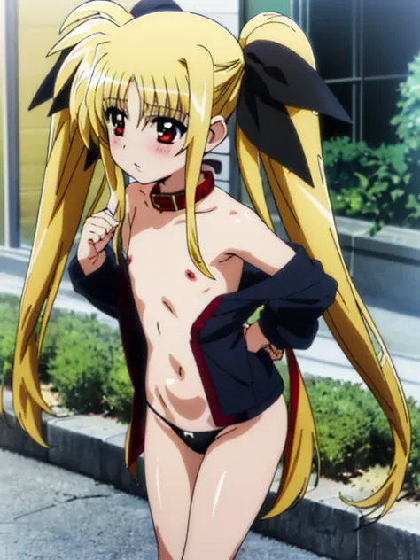 Fate Testarossa , lyrical nanoha , (((highres official art))) , (((Anime Pinups))) , (((1girl))) , (((solo))) , (((blondehair))) , (((twintails))) , (((black ribbon))) , (((red eyes))) , (((collar))) , Toddler , tiny body, small stature , immature body , f...