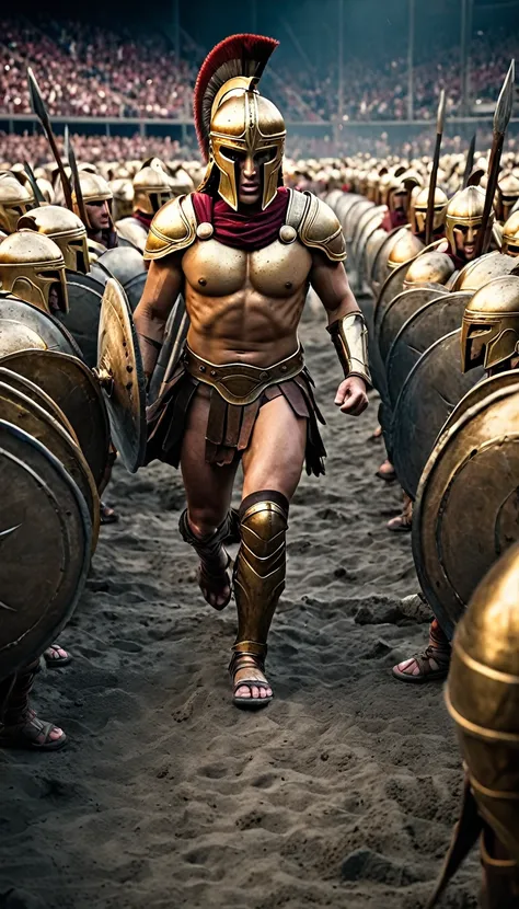 cinematic style, create a detailed image of the annual spartan event, featuring a massive arena where the best spartan warriors ...