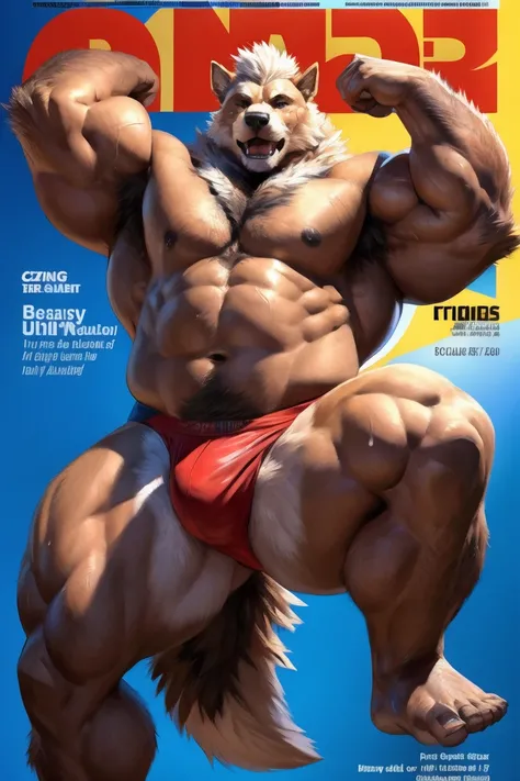 (magazine cover:1.5),arcanine, 4k, high resolution, best quality, masterpiece, posted on e621, solo, anthro body, older male, male, adult, very masculine, (very muscular, well defined muscles, muscular legs, muscular arms, lats, biceps, strong chest, sixpa...