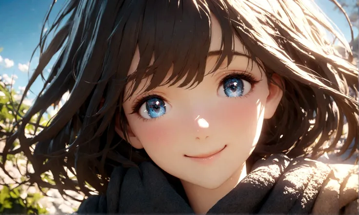 smile, close up face, young beautiful woman, The blue sky reflected in your eyes, professional color grading, perfect, 8K, ultra-detailed, Octane render, Unreal Engine, style of Makoto Shinkai