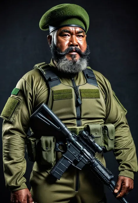 (a dark-skinned bearded fat old man in a skintight zipper diver suit) holding a gun and (wearing army beret on his head), muscular, Basuki Abdullah, sumatraism, action, a character portrait, heroic, fierce, snarling