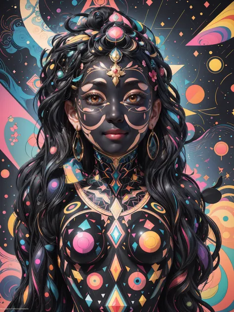 an optical illusion of a woman painted with black geometric shapes and an exquisite limited palette of colors in the bifrost (a ...