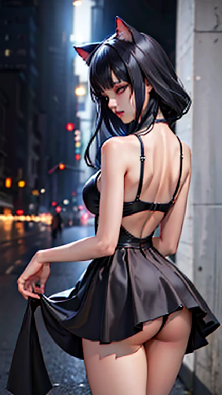 evildoer、girl、Hiding one eye、Black Hair、Bobcut、Black Veil、Black flared mini skirt、Eyes、Cat ear、cute、profile、Close-up of face、１０generation、tall、eight-headed body、Back alley at night、Neon lights in the distance、White panties are visible、