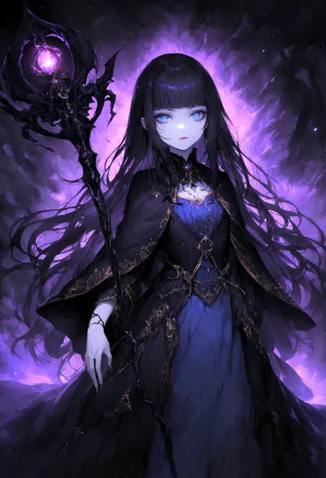 An ultra-detailed, high-resolution digital painting of a small and fragile 15-year-old Caucasian human necromancer with very pale skin, a widows peak, and very long black hair. She has intense blue eyes and wears a simple high-collared light blue dress wit...