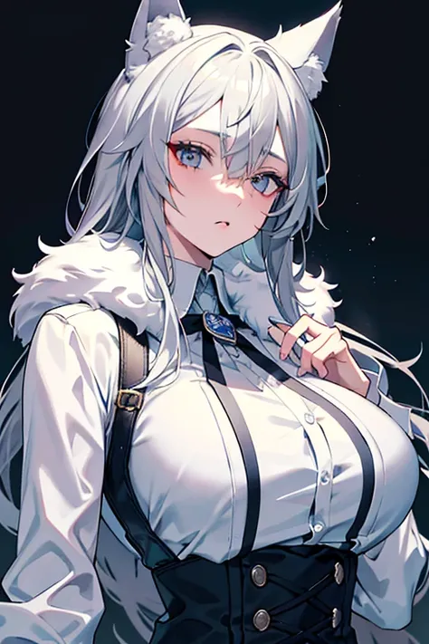 best qualtiy，tmasterpiece，The is very detailed，4K，Gray hair and shallow eyes，Drag cool expressions，Wolf ears，Erect scar on the left eye，British style，1girl，Absolutely beautiful, big bust