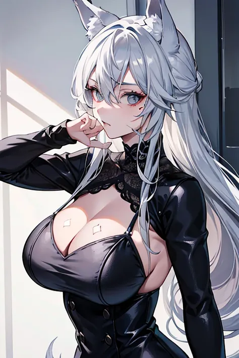 best qualtiy，tmasterpiece，The is very detailed，4K，Gray hair and shallow eyes，Drag cool expressions，Wolf ears，Erect scar on the left eye，British style，1girl，Absolutely beautiful, big bust