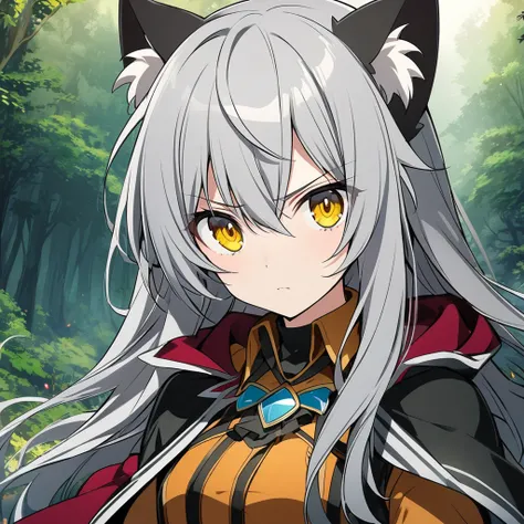 Shiota Nagisa (AKB0048 Next Stage), (long gray hair), (sharp golden eyes):1.2, hunter costume, bangs, determined, cape, cat ears, ((ultra-detailed)), ((illustration)), ((neat hair)), (beautiful detailed eyes), female, 1girl, stalking, ((forest)), looking a...