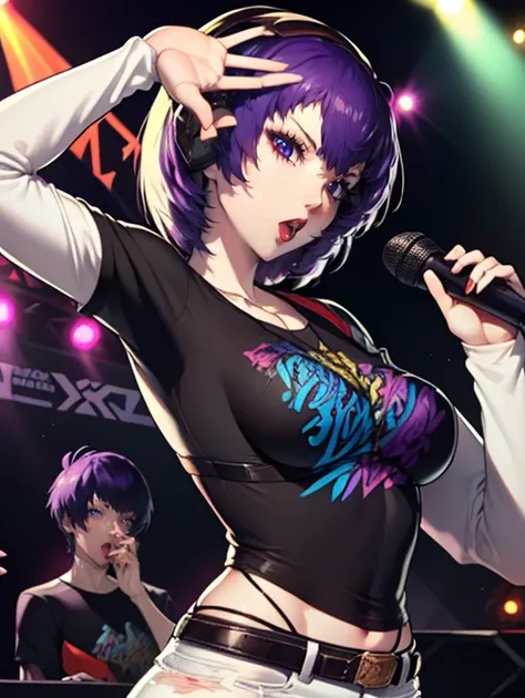 shez, purple hair,hair over one eye,earrings ,lipstick, eye shadow, makeup, 1girl, solo, black t-shirt, white shirt, blue jeans, belt, lipstick, large breasts, layered sleeves, sexy pose, holding a microphone, singing, stage background, headphones