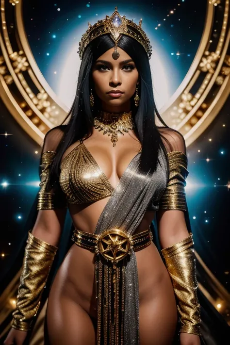 A dazzlingly adorned galactic pirate female queen, every element exuding opulence amidst the cosmos: shimmering gold and silver robe, open hips and belly, black fur belt, intricate jewel-encrusted accessories, and a space-age cutlass emitting a soft ethere...