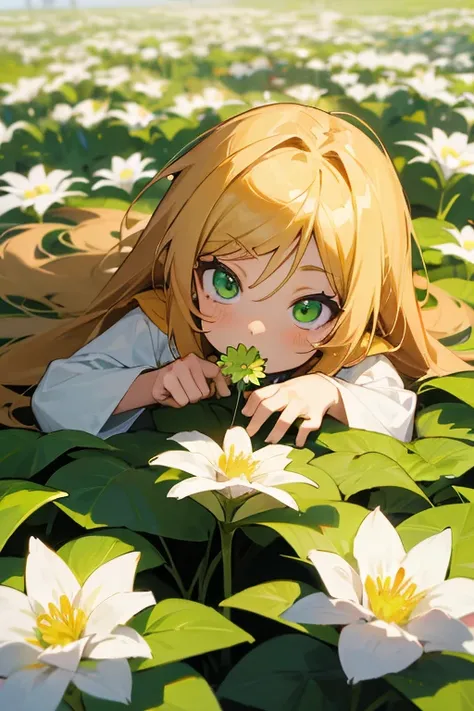 a anime kid female wtih Blondie hair and green eyes eating flowers in a flower feld