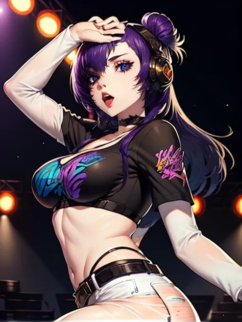 shez, purple hair,hair over one eye,earrings ,lipstick, eye shadow, makeup, 1girl, solo, black t-shirt, white shirt, blue jeans, belt, lipstick, large breasts, layered sleeves, sexy pose, holding a microphone, singing, stage background, headphones