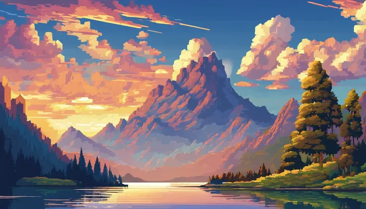 a highly detailed and cinematic illustration of a dramatic landscape, detailed cloudy sky, shining sun, glowing clouds, majestic mountains, flowing rivers, lush forestry, serene atmosphere, realistic lighting, intricate details, cinematic composition, dram...