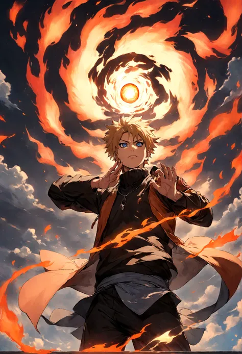 1 boy, men&#39;s center, naruto uzumaki,naruto, masterpiece, highest quality, so beautiful,、cool、、strongest、fire aura、ninja、flam...