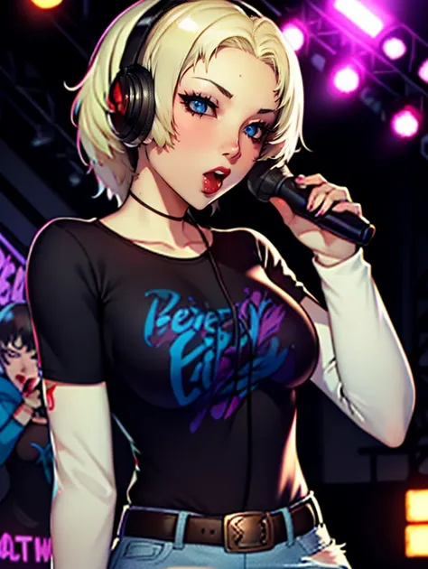 CatherineFE16, blonde hair,eye,earrings ,lipstick, eye shadow, makeup, 1girl, solo, black t-shirt, white shirt, blue jeans, belt, large breasts, layered sleeves, sexy pose, holding a microphone, singing, stage background, headphones