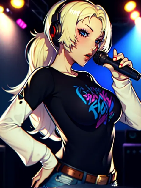 CatherineFE16, blonde hair,eye,earrings ,lipstick, eye shadow, makeup, 1girl, solo, black t-shirt, white shirt, blue jeans, belt, large breasts, layered sleeves, sexy pose, holding a microphone, singing, stage background, headphones