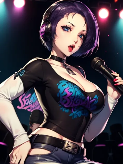 Shamir, purple hair,eye,earrings ,lipstick, eye shadow, makeup, 1girl, solo, black t-shirt, white shirt, blue jeans, belt, lipstick, large breasts, layered sleeves, sexy pose, holding a microphone, singing, stage background, headphones