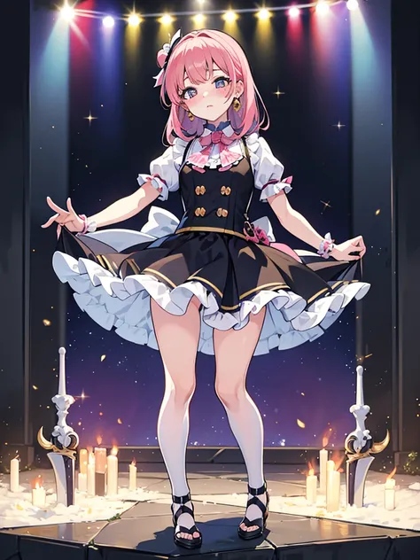 Masterpiece, top quality, outdoor festival Live venue stage, __Break__
One idol, cute outfit with colorful frills and ribbons, mini skirt length, cute hairpiece, solo, big eyes, earrings, blush, full body, standing pose, kawaiitech, pastel colors, kawaii, ...