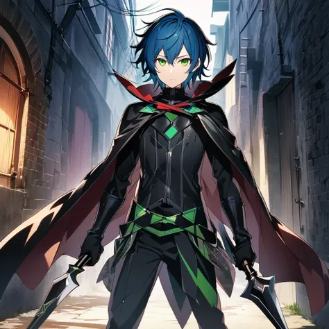 Shiota Nagisa (AKB0048 Next Stage), (short blue hair), (sharp green eyes):1.2, black assassin costume, bangs, expressionless, cape, ((ultra-detailed)), ((illustration)), ((neat hair)), (beautiful detailed eyes), male, 1boy, holding twin daggers, ((shadowed...