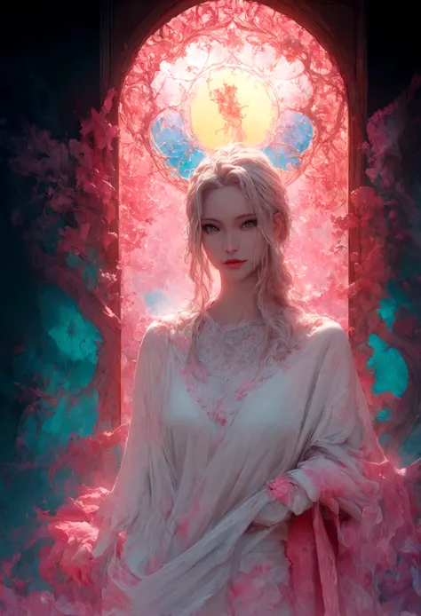 girl, white shirt; Ben Bauchau, Michael Garmash, Daniel F Gerhartz, Clint Cearley, Carne Griffiths, Jean Baptiste Monge, strybk style, warm dreamy lighting, matte background, volumetric lighting, pulp adventure style, fluid acrylic, dynamic gradients, bold...