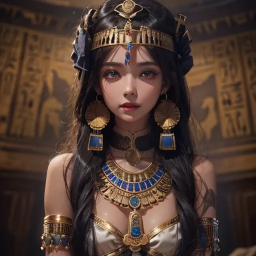 Standing in an ancient Egyptian cave、Blowing hair 、 ((highest quality、masterpiece、8k、Best image quality、Ultra-high resolution、Award-winning works)、(Accurate anatomy:1.1)、(Look at me and smile:1.0)、Shining fair skin with Ultra-high resolution、The most detai...