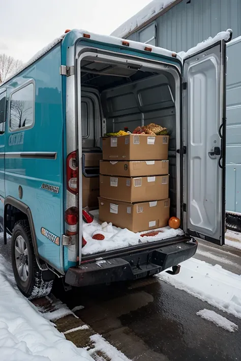 Truck with refrigeration chamber with frozen food