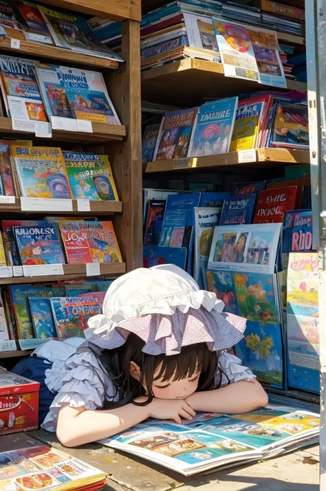 A girl sleeping surrounded by magazines,cute face,colorful,Magazines are scattered all over the place,Seaside town,Scenery from a dream,(art by Claude Monet),Impressionism,leinairisme, 