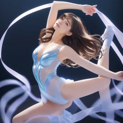 Photo-realistic quality、20-year-old idol wearing a light blue-gray leotard,Elegant girl, Rhythmic gymnastics ribbon performance pose, White ribbon、Rotations and Curves, cute japanese model、looking at the camera、A soft and gentle look、Cute Smile、Detailed an...