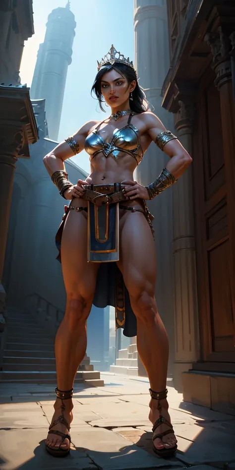 full body, whole body. loincloth standing, hands on hips full body, 1solo (girl). slave fighter, metal sandals, choker, big belt, view from below, feet together, bracers, tiara