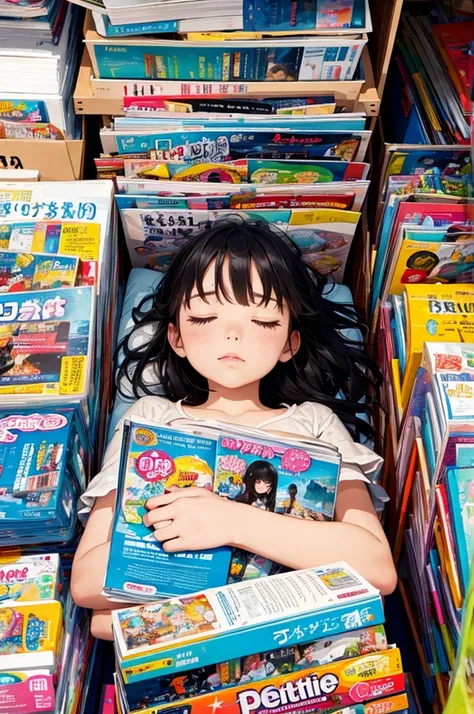 A girl sleeping surrounded by magazines,cute face,colorful,Magazines are scattered all over the place,Seaside town,Scenery from a dream,depth of field,portrait,Impressionism,leinairisme, 