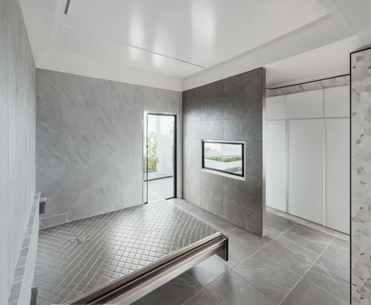 (best quality, masterpiece, high_resolution:1.5),UHD 32K, MATT CERAMIC TILING FLOOR, sharp detail, main materials white walls, WITH GREY MULLION STEEL FRAME, sky, day, indoors, no humans, window, chair, table, plant,BEDROOM ,Modern,3d style, ((  WHITE CEIL...