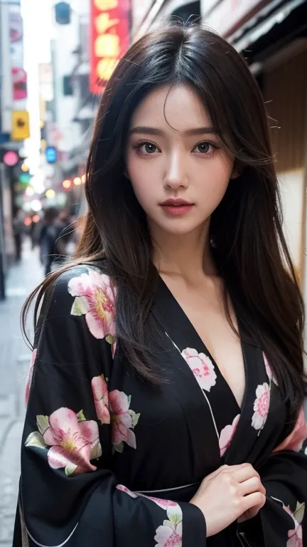 Beautiful supermodel woman with dark hair, A lock of hair with slight highlights, black eyes, mixed media, sexy，Japanese style street background，Colorful kimono , Liquid color flows across her face, Photographed by Yui Aragaki