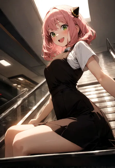 solo, 1girl, Anya forger/(spy x family/), masterpiece, best quality, very aesthetic, absurdres, pink hair, green eyes, short hair, black dress, collared shirt, smile, open mouth, looking at viewer, from side, sitting, desk, table, hair ornament
escalator,c...