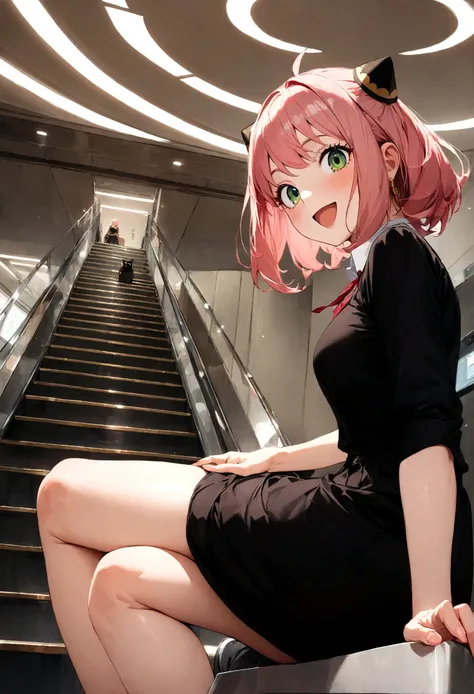 solo, 1girl, Anya forger/(spy x family/), masterpiece, best quality, very aesthetic, absurdres, pink hair, green eyes, short hair, black dress, collared shirt, smile, open mouth, looking at viewer, from side, sitting, desk, table, hair ornament
escalator,c...