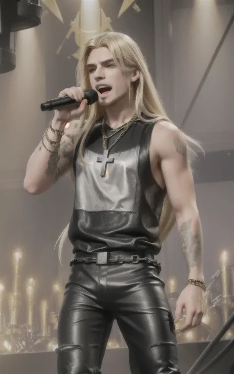 Heavy metal singer blond long hair wearing a sleeveless black Tshirt and black leather pants, he is wearing a golden chain with a cross pendant on his neck