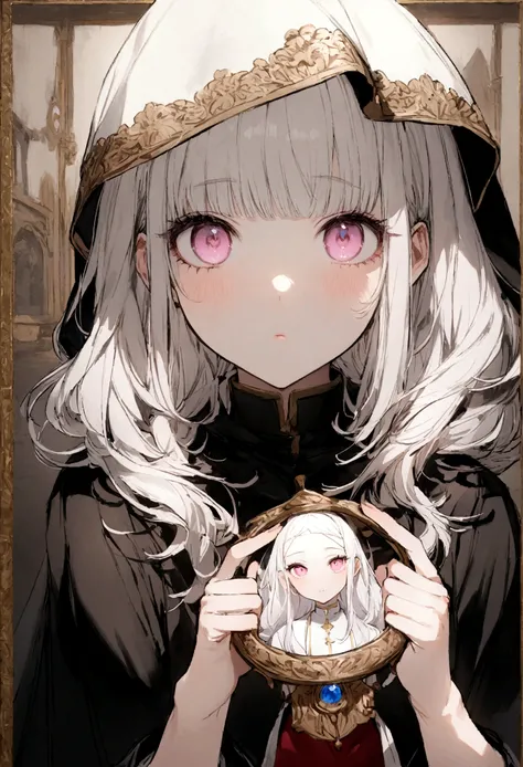 (masterpiece, 32k, 8k, maximum graphics, detailed image, vivid and detailed eyes) a female priest, white priestess overcoat, ((pink eyes, hair, white hair with bangs)), sweet expression on her face, black hood poring covering the head, (photo concentrated ...