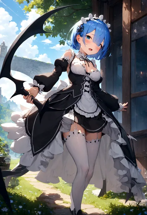 1girl,masterpiece, best quality, very aesthetic, absurdres,
Rem, Re:Zero - Starting Life in Another World - A demon maid with a deep loyalty and affection for the protagonist, Subaru, showcasing immense power and emotional depth.