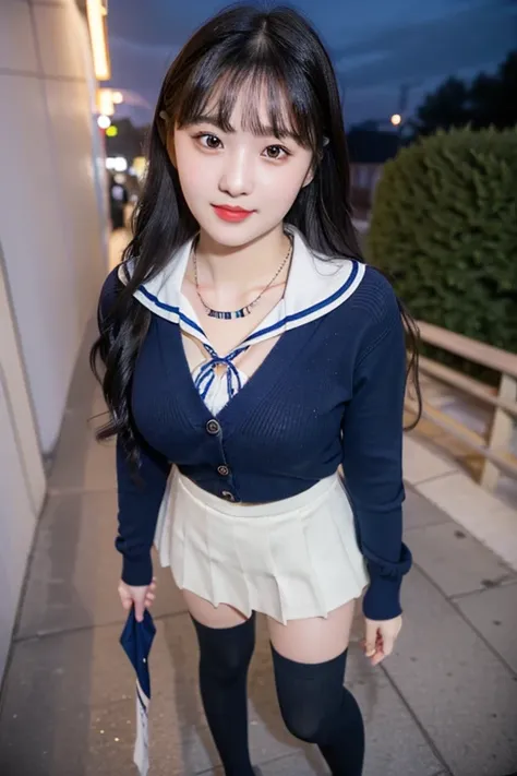 (8K), (highest quality: 1.2), (realistic), (realistic: 1.37), ultra high resolution, (1 girl, cute, smile, closed mouth, thick lips,red lip,beautiful details, beautiful nose, (straight black hair,ribbon), giant dulcefo, self snap,(school uniform),(navy blu...