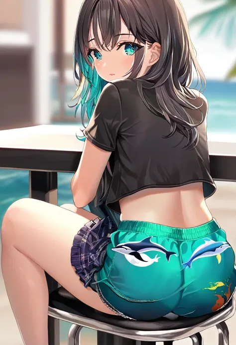 a girl sitting on black barstool cushion, dolphin shorts, ass, looking back,
