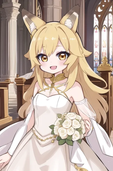 masterpiece, best quality, highly detailed, Chibi Character, cute,Girl,Fox ears,Blonde,Golden Eyes,1girl, solo, Fox Girl,Gorgeous pure white wedding dress,The best smile,church