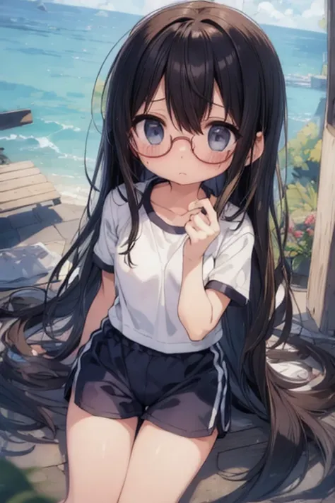 (big round glasses:1.3)、(Timid girl、blush、Watery eye:1.2)、Long black hair、White short sleeve shirt、Navy blue shorts、Gym suit、  body、Flat body