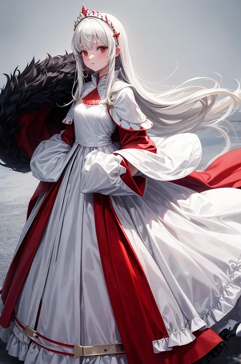 10 year old girl, White and red medieval dress, Super voluminous skirt, Round Princess Skirt, High throat, Cover the body from neck to toe, Covered neck, Wearing a long black fur jacket, white, translucent, A soft dress, 