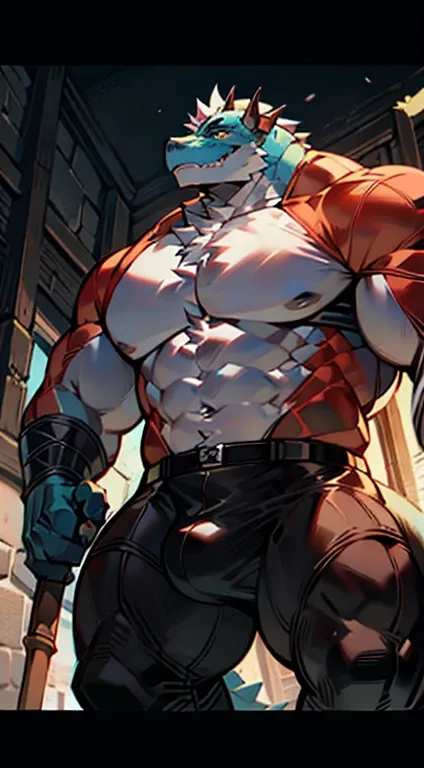 mature male，lizard people，anthropomorphic lizard，huge crotch bulge，muscular，huge muscles，broad shoulders，thick chest，naked upper body，blue scales，wear guard，Armed with shield and machete，on one knee，leather armor，dungeon keeper，Telegraph slang，In a panoram...