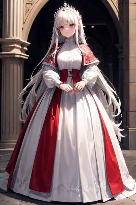 10 year old girl, White and red medieval dress, Super voluminous skirt, Round Princess Skirt, High throat, Cover the body from neck to toe, Covered neck, Wearing a long black fur jacket, white, translucent, A soft dress, 